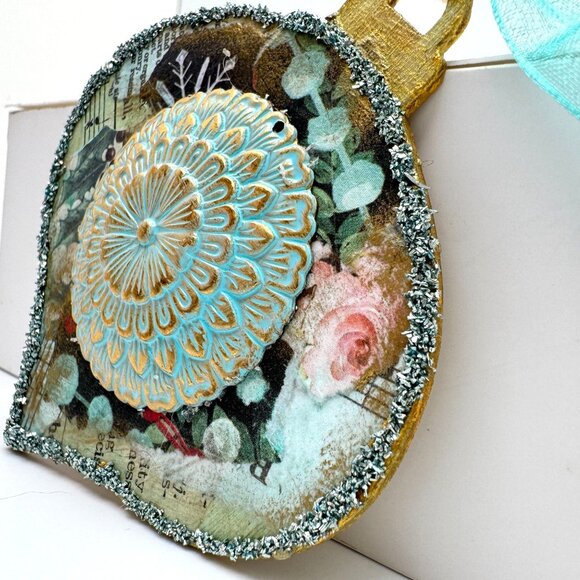 Handcrafted Ornament OOAK Collage Gold Flower & Turquoise Accents 3" Ribbon - Picture 3 of 7